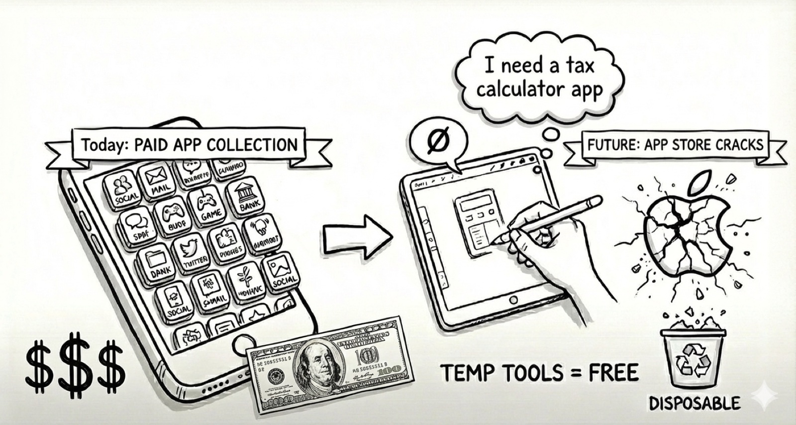 Sketch: a phone full of paid apps and a dollar bill on the left; on the right, someone draws a tax calculator app on a tablet while the Apple logo cracks and falls into a recycling bin. Labels: Today: paid app collection; Future: app store cracks; Temp tools = free.