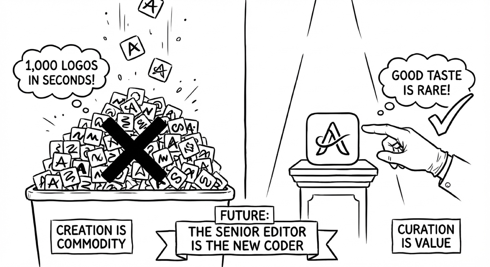 Sketch: a dumpster overflowing with AI-generated logos, crossed out ("1,000 logos in seconds!", creation is commodity), next to a single logo on a pedestal chosen by a gloved hand ("Good taste is rare!", curation is value). Banner: Future: the senior editor is the new coder.