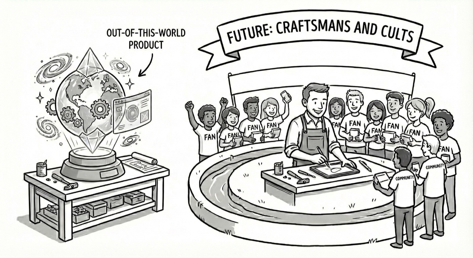 Sketch: a glowing, out-of-this-world product on a workbench, and a craftsman at a table surrounded by cheering fans in FAN and COMMUNITY t-shirts. Banner: Future: craftsmen and cults.