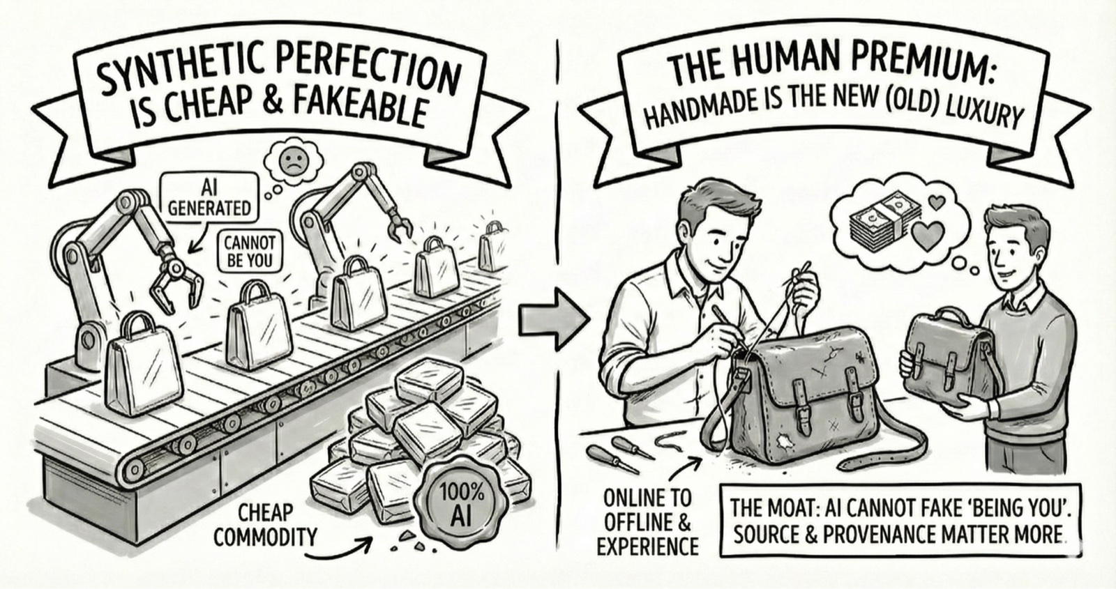 Sketch: robot arms mass-producing identical bags labelled "100% AI, cheap commodity" on a conveyor belt, versus a craftsman hand-stitching a leather bag for a delighted customer. Banners: Synthetic perfection is cheap and fakeable; The human premium: handmade is the new (old) luxury.