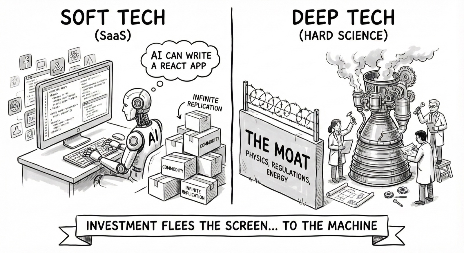 Sketch: a robot coding a React app at a desk surrounded by boxes of commodity software (Soft tech, SaaS), versus engineers building a rocket engine behind a fence labelled "The moat: physics, regulations, energy" (Deep tech). Banner: Investment flees the screen… to the machine.